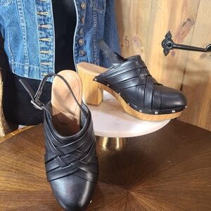 Black Leather Slingback Clog with Wood Block Heel